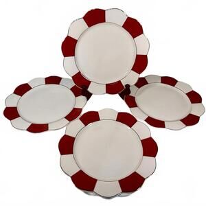 Grace’s Teaware Red White Gold Scalloped Edge 8" Salad Plates Set of 4 NEW